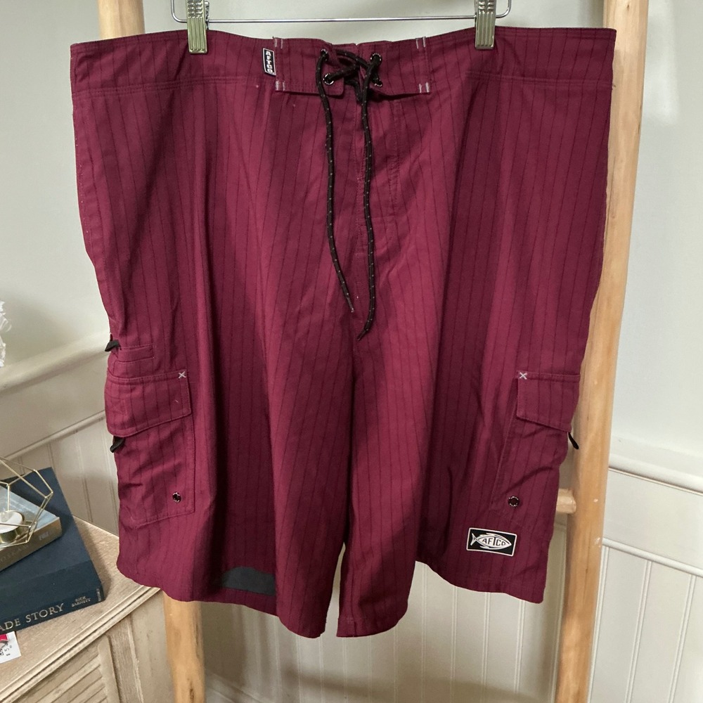 AFTCO Bluewater Men 38 Burgundy Pinstripe Fishing Board Shorts Cargo Maroon‎